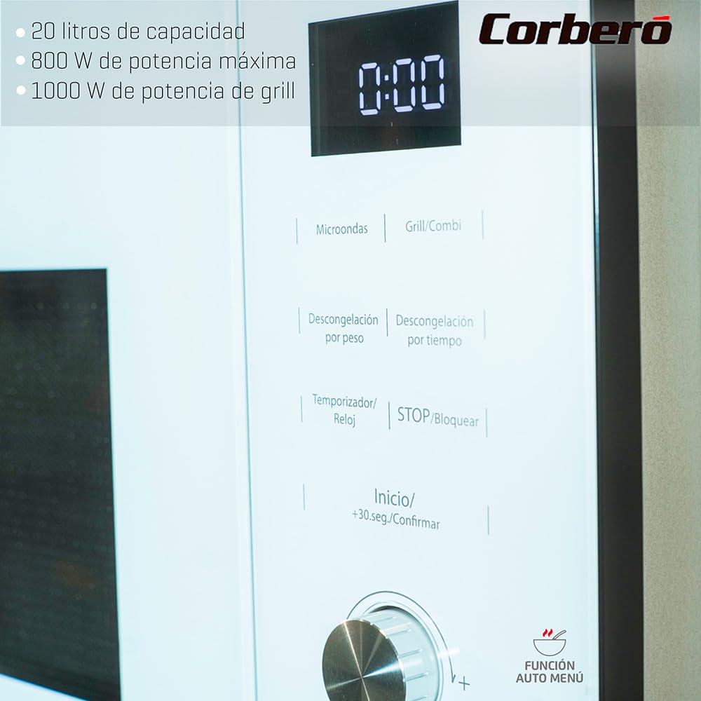 Corberó - Microondas Integrable | CMICM20GLWINTEG | 20L | Potencia 800W | Control Touch | 5 Niveles Potencia | Temporizador 95 min | Grill | Plato Giratorio 255mm | Blanco