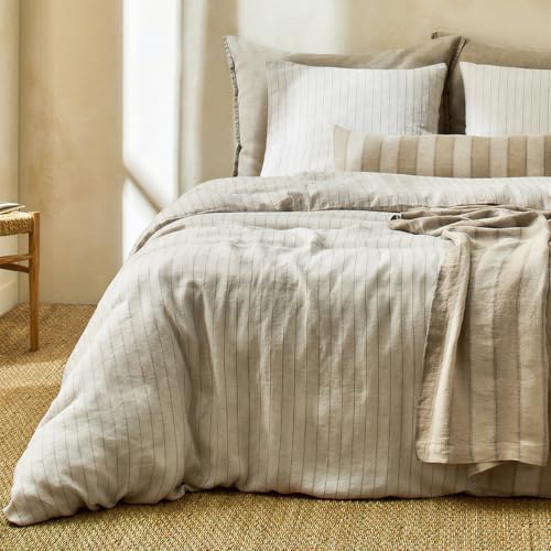 Image of VM VOUGEMARKET Beige Duvet Cover King with Black Stripes,Japanese Style Washed Linen Cotton Duvet Cover with 2 Pillowcases,Breathable Comforter Cover for Cozy Minimalist Bedrooms