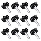 12 Pack 1/4-20 Black Star Knobs Star Hand Knob Threaded Knurled Thumb Nuts Thumb Screw Knobs with Bolts for Umbrella Base Replacement Female Threaded Hexagon Head Thru Knob