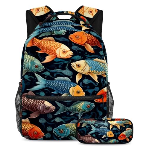 Sac à dos poisson rouge grand volume et trousse scolaire ergonomique
