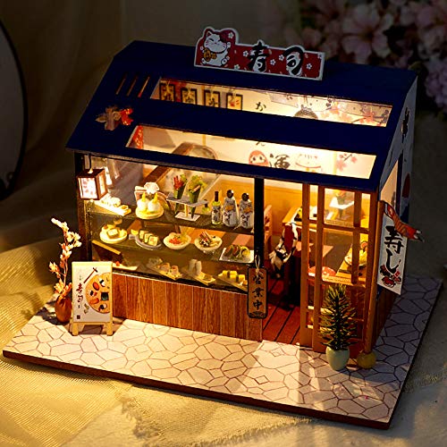 Syw Miniature Dollhouse With Furniture And Led Lights, Japanese Model Kit Wooden Dollhouse, 1:24 Scale Wooden Handmade Building Model Puzzle Toy(Sushi Shop) #TOP1