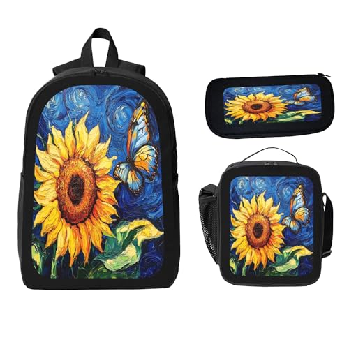 3PCS Backpack for Women Men With Lunch Box Pencil Bag 17 Inch Lightweight Adjustable Strap Back Pack 3 In 1 Set Flower Painting Sunflower Casual Daypack Unisex Fit Travel Work Camping