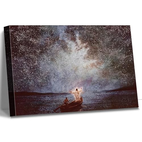 CanvasGarden Jesus Canvas Wall Art, Calm and Stars Christian Picture Religious Poster Canvas Print, Framed Artwork for Living Room Bedroom Home Decor,16x12Inch