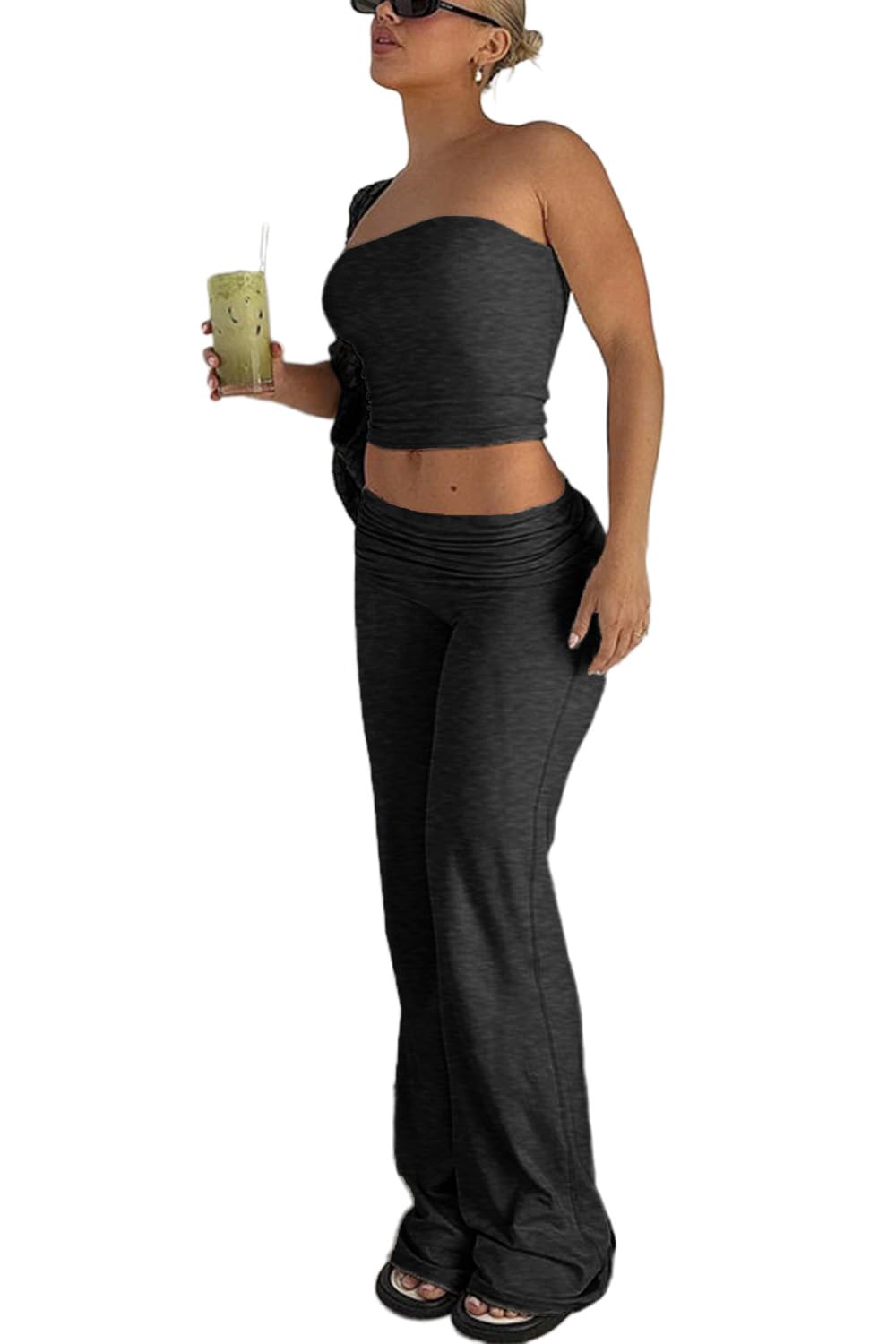 Sexy Women's 2 Piece Lounge Sets Pajama Outfits Casual yoga Crop tube Top High Waist Wide Leg Foldover Flare Pants