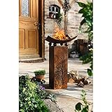 Metal Fire Pits Outdoor Decorative Rustic Pillar with Removable Bowl | Brazier Wood Burning Fire Column | Decorative Pillar with Plant Display Dish for Outdoor Decoration