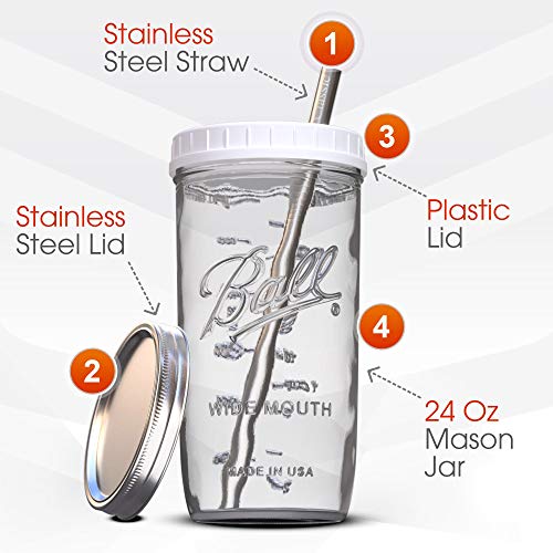 Reusable Wide Mouth Smoothie Cups Boba Tea Cups Bubble Tea Cups With Lids And Silver Straws Mason Jars Glass Cups (2-Pack, 24 Oz Mason Jars) #TOP1