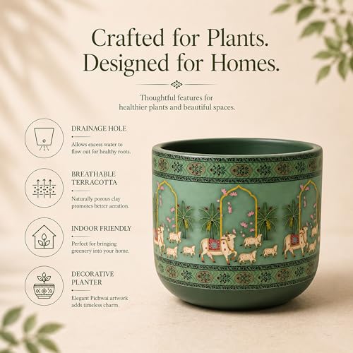 Image of Habere India-All the Cultures Fabricating India Pichwai Art Hand Painted Green Terracotta Planter | Cow Motif Indian Art Indoor Plant Pot | Clay Pot with Drainage Hole (Green: L12 x W12 x H10 cm)