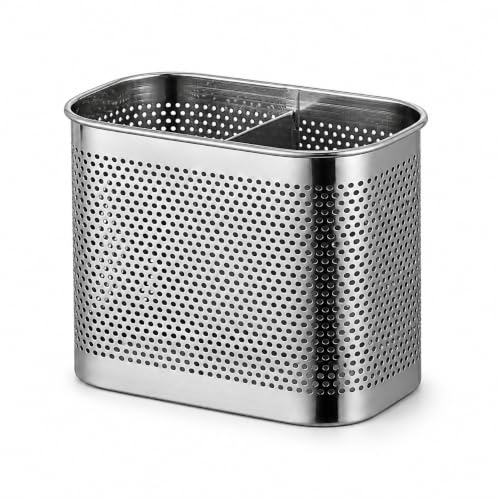 Image of Stainless Steel 2 Compartment Cutlery Holder for Kitchen Countertop | Self-Draining Utensil Organizer, Rust Resistant Perforated Storage Caddy for Spoons Forks, Knives, Chopsticks