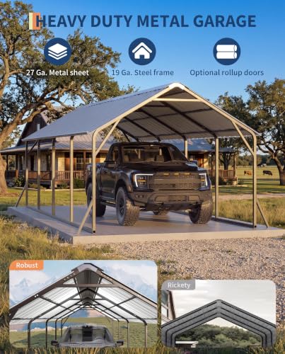Image of GarveeLife 11ft x20ft x 9ft Vertical Roof Metal Carport | Reinforced Steel Frames for All-Weather / for Full-Size Pickup Trucks, Boats, and Tractors