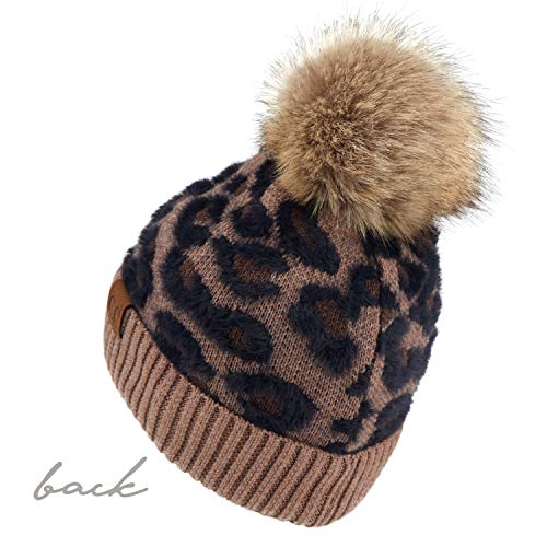 Image of C.C Exclusives Soft Beanie hat with Leopard Pattern and Fur Pom(HAT-7001)(SF-7001)