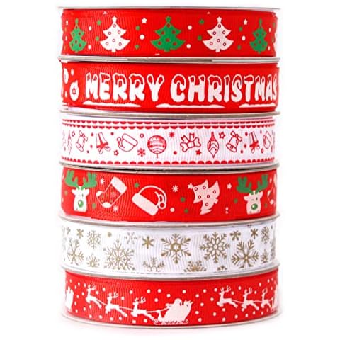 Fancy Daily 6 Roll 36M Christmas Ribbon for Gift Wrapping Crafts Red Roll Grosgrain Merry Christmas Ribbons for Wedding Xmas Party Christmas Exchange Gift Cover
