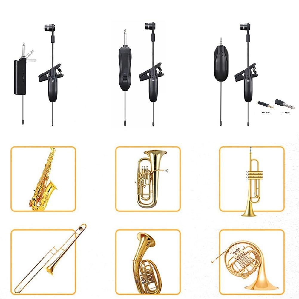 Kabelloses Saxophon-Mikrofonsystem, UHF, 50 m Reichweite, klarer Klang für Trompete, Posaune, Blechblasinstrumente, Bühnenleistung (für w7 F1)