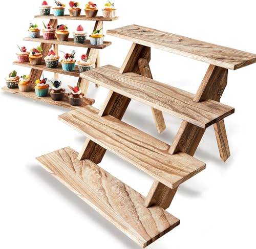 Suporte elevador de madeira de 4 níveis, prateleira de exibição de cozinha, prateleira organizador de perfume para figuras, sobremesas, festas, maquilhagem, figuras, bonecas, condimentos