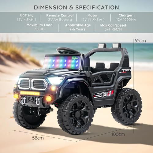 Image of Baybee Trojan Battery Operated Jeep for Kids with RGB Windshield Light, Bluetooth, USB & Music | Baby Big Ride on Battery Car | Electric Jeep Car for Kids to Drive for 2 to 6 Years Boys Girls (Black)