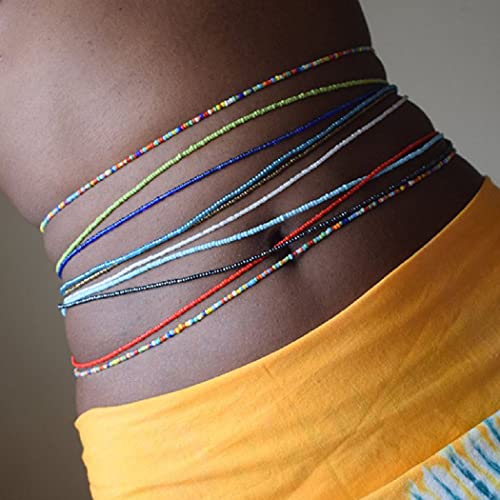 Urieo 10 PCS Beads Waist Chain Colorful Layered African Body Chains Beach Summer Belly Chain Jewelry for Women and Girls