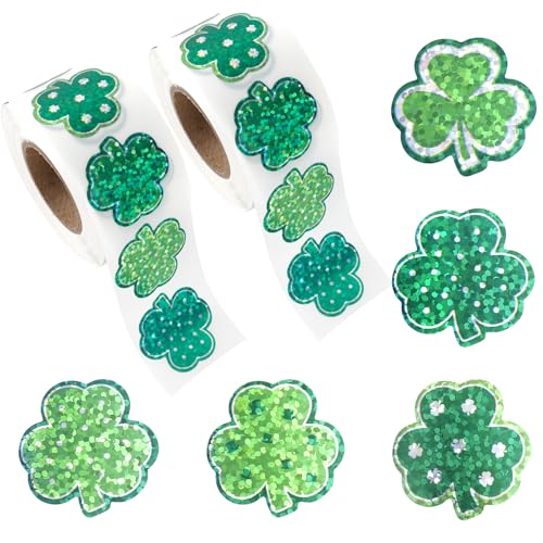 1000 PCS St Patricks Stickers for Kids 2 Rolls Sparkly Green Shamrock Stickers 5 Designs Clover Paper Decals Saint Paticks Day Decorations Reward Seal Sticker for Envelope Party Favors Supplies Decor