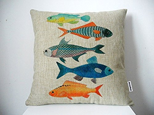 decorbox Cotton Linen Square Decorative Fashion Throw Pillow Case Cushion Cover Colorful Fish (18 X 18, Beige)