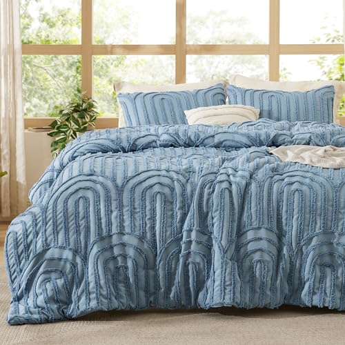 Image of Bedsure Boho Tufted Blue Comforter Set Queen Size, GentleSoft 3 Pieces Boho Farmhouse-Style Decor Bedding, Arch Bedding for All Seasons, 1 Bed Comforter, 2 Pillow Shams, 90x90 Inches