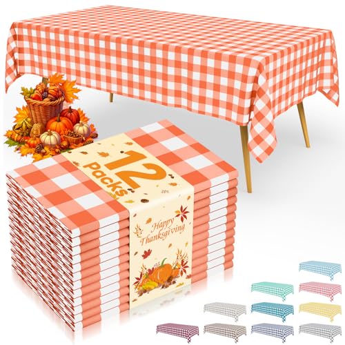 Smiry 12 Packs Gingham Disposable Table Cloth, 54 x 108 Inch Waterproof Plastic Tablecloth, Rectangle Orange and White Checkered Table Covers for Picnic, Birthday, Party