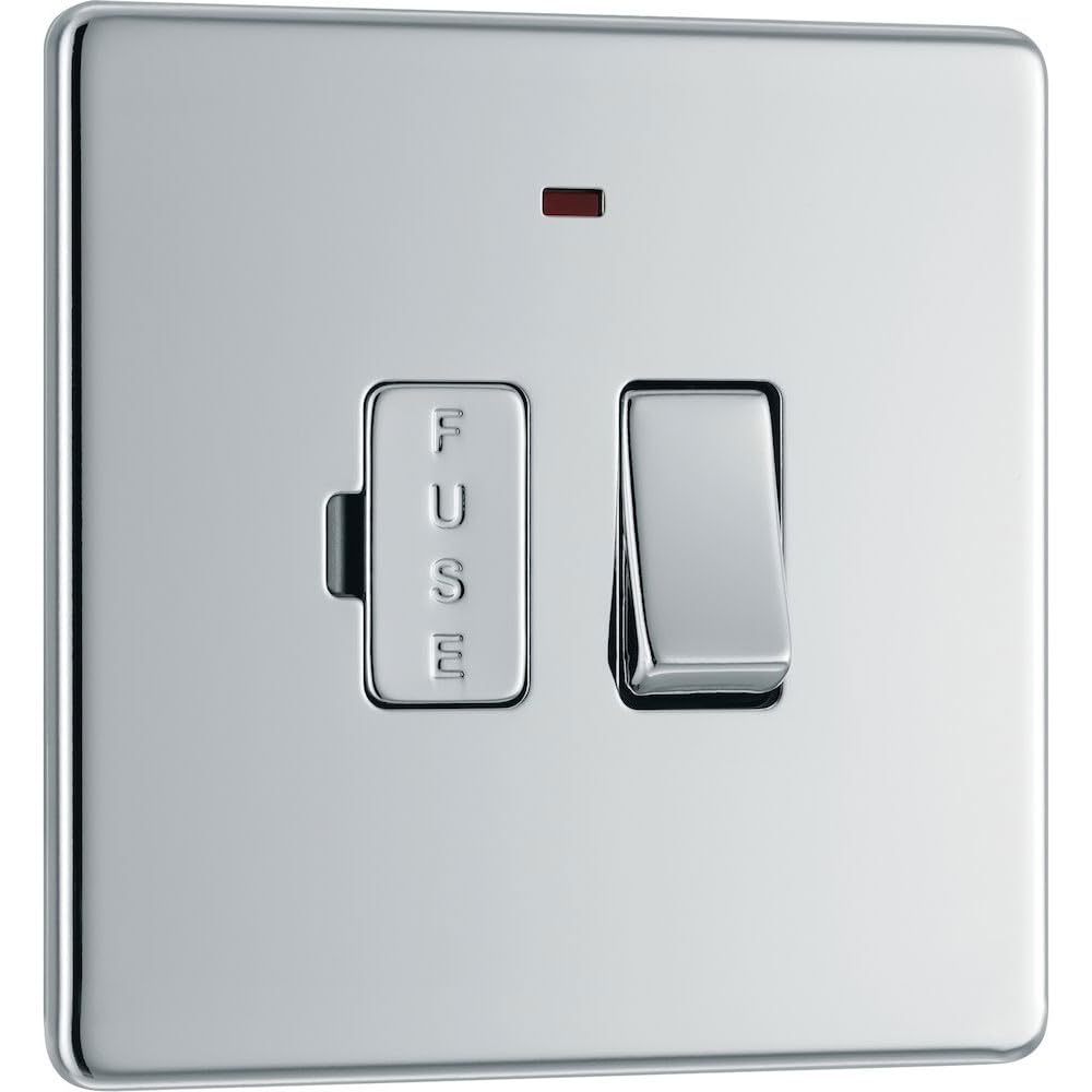 BG Electrical Switched Fused Connection Unit with LED Power Indicator, Fused Spur Switch, Double Pole, Screwless Front Plate, Slim Profile, Premium Flatplate, Polished Chrome, 13A, FPC52