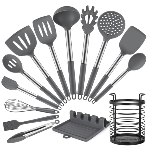 Image of HOTEC Silicone Kitchen Cooking Utensils Set,14pcs Grey | 446°F Heat Resistant, BPA Free Dishwasher Safe Spatula Set,Utensils Holder