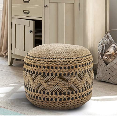 Lr Home Spruce Tan / Black Round Ottoman Pouf for Home Decor | Striped Hand-Woven Jute Cotton Blend Round Pouf Ottoman Footrest for Bedroom & Living Room Decor | 18"D X 18"W X 14"H