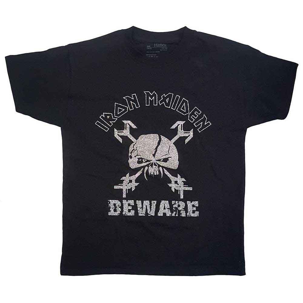 Iron Maiden Black Kids T Shirt Beware Band Logo Official Ages 5-14 Yrs L