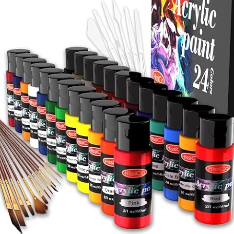 HissiCo 42PCS Acrylic Paint Set of 24 Colors 2fl oz 60ml Bottles with 12 Brushes and 6 Paint Knives,Non Toxic 24 Colors Acrylic Paint No Fading Rich Pigment for Kids Adults Artists Canvas Crafts Wood Cover