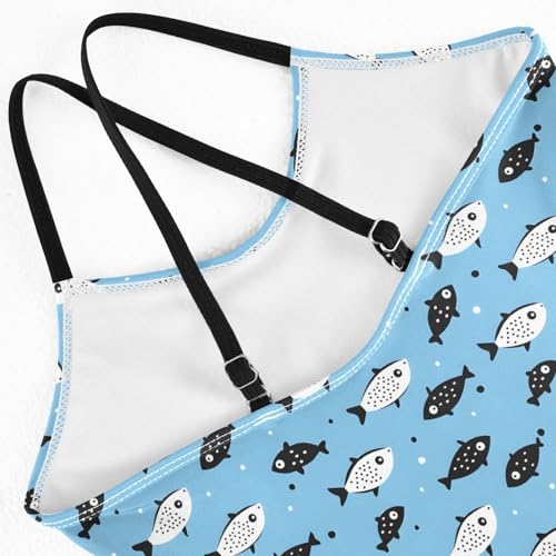 senya Girls Swimsuits One-Piece Swimwear Tie Bathing Suit Beach Summer Round Neck 9-10T Black White Fish Pattern4