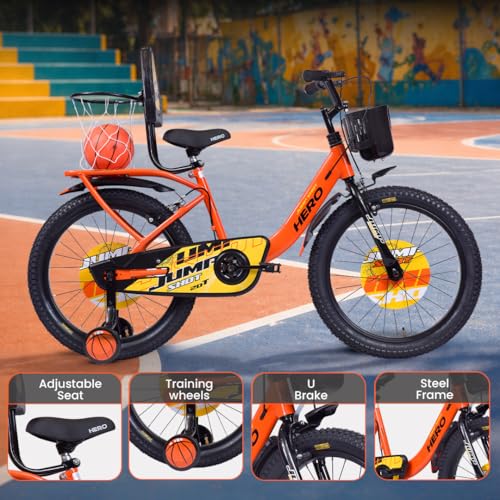 Image of Hero Jumpshot 16T Single Speed Kids Bicycle with Basket, Carrier and Integrated Basketball Kit | Orange-Black | Caliper Brake | 10.5 inch Steel Frame | Rider Height : 3ft 6 inch - 3ft 11 inch | 85% Pre Assembled
