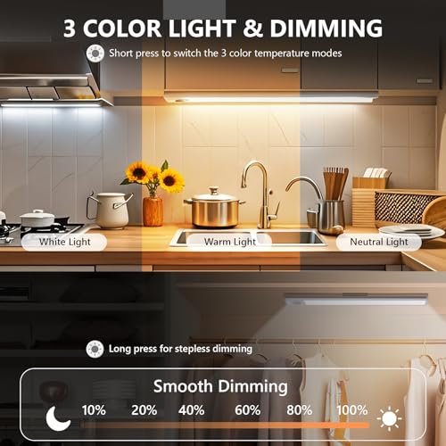 Image of Under Cabinet Lighting Wireless 4Pack, 3 Color Temps Motion Sensor Light Indoor, 8 inch Dimmable Closet Lights Battery Operated, Rechargeable LED Magnetic Light, Under Counter Lights for Kitchen, Stairs