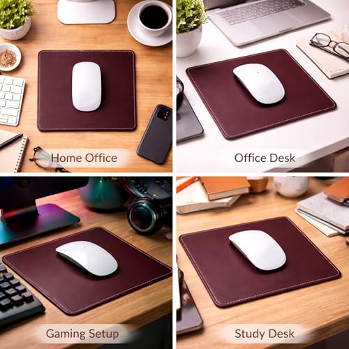 Image of Premium Mouse Pad for PC Mousepad Laptop Wireless Gaming Mouse Pad, 8 inchx8 inch Inch Non-Slip Leather Base, Waterproof Surface, Compatible with Laser and Optical Mice - Burgundy