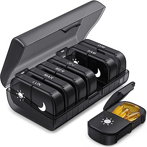 AUVON Pilulier Semainier Francais Matin et Soir, Piluliers Medicaments 7 Jours 2 Compartiments, de Grande Capacite pour Poche ou Poche de Pantalon, pour...