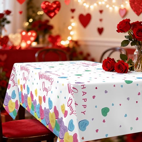 Image of Gistome 3-Piece 54 x 108 Inch Valentine's Day Plastic Tablecloth - Colorful Candy Heart Disposable Table Covers for Valentine's Parties, Weddings, Classrooms, and Romantic Celebrations