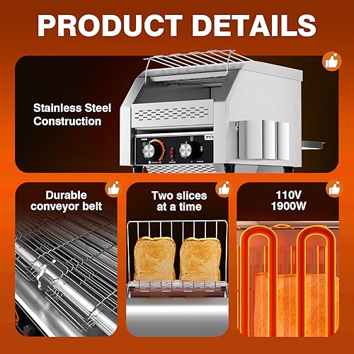 PYY Commercial Conveyor Toaster - 300 Slices/Hour Restaurant Conveyor Toaster for Bun Bagel Bread, Heavy Duty Stainless Steel 1900W, 110V