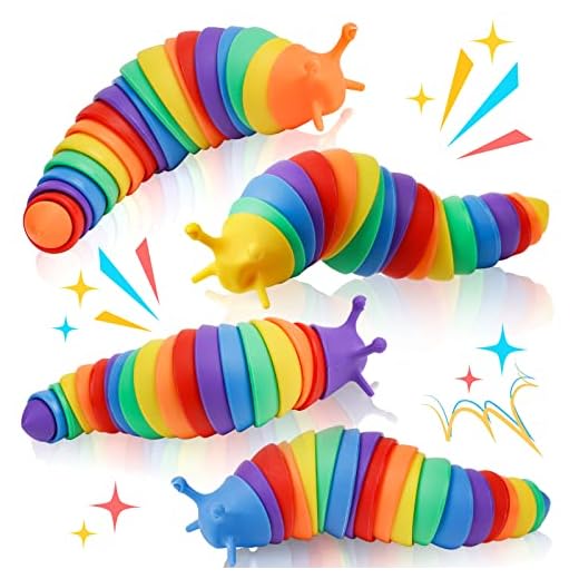 Slug Fidget Toy,4 Pack Rainbow Fidgets Caterpillar Toy,Toddler Birthday, Stress Relief Toy for Kids and Adult