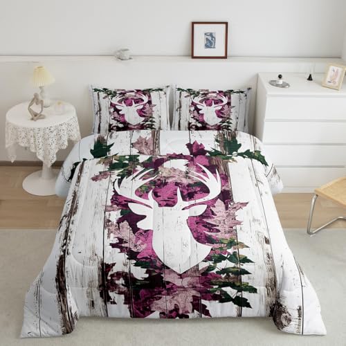 Image of Feelyou Deer Hunting Comforter Size Pink Camo Deer Bedding Set Boys Girls Deer Antlers Army Camouflage Comforter Western Duvet Insert with 1 Pillow Case
