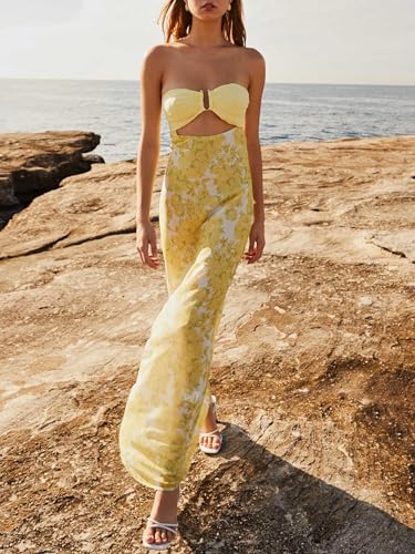Image of Women Y2k Strapless Maxi Dress Floral Print Tube Long Dress Boho Beach Sundress Going Out Streetwear