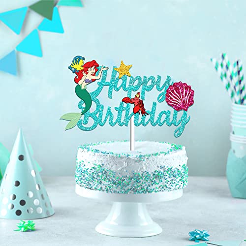 Juyrle Mermaid Birthday Cake Topper - Girl Glittery Mermaid Cartoon Happy Birthday Cake Decor Party Supplies For Kids Birthday Baby Shower #TOP3