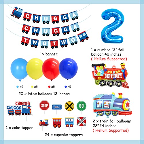 Chugga Chugga Two Two Party Decorations For 2 Years Old Boys, Railroad Train Crossing Theme Birthday Party Supplies - Chugga Chugga Two Two Banner, Cake Topper, Train Foil Balloons #TOP5