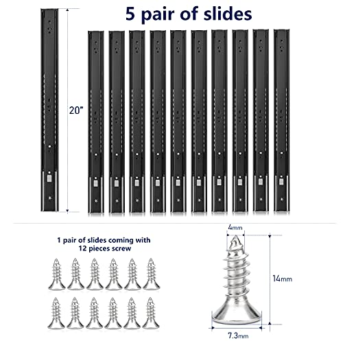 Image of Ravinte 20 Inch Soft Close Drawer Slides 5 Pairs 10 Pack Black Full Extension Ball Bearing Drawer Glide Side Mount