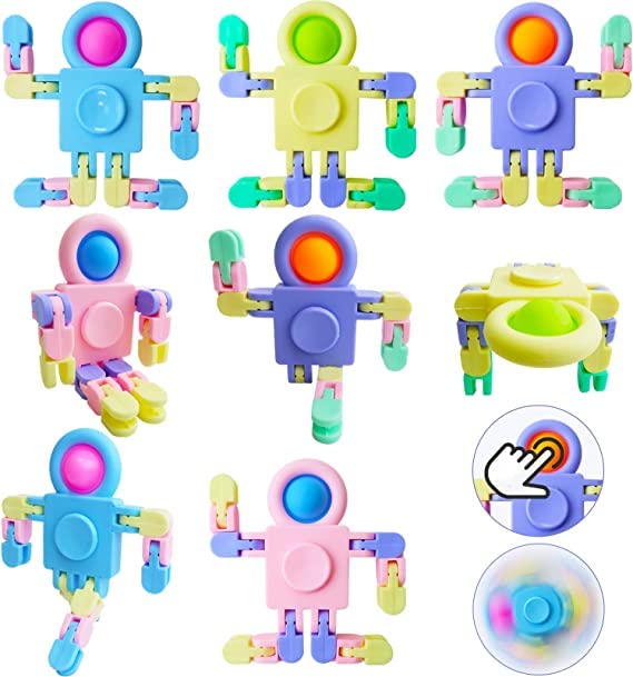 BABYG Fidget Spinner Toy (8 Pcs), Pop Fidget Toys Party Bag Fillers for Kids Adult, Poppet Simple Dimple Transformable DIY Spinning Toys Pack, Party Favours Stress Relief Sensory Robot Toy