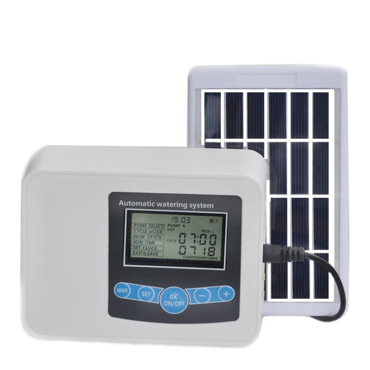 Temporizador de Riego Bomba Doble USB y Solar para Jardín