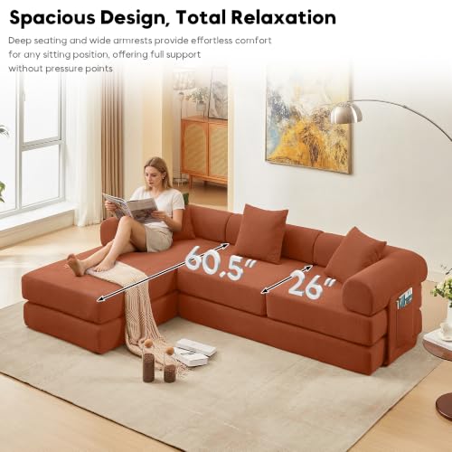 Image of 107 inch Modular Sectional Sofa Bed, L-Shape Corduroy Boneless Couch, Orange