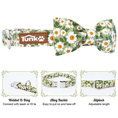 Image of Tunkoo Dog Collar Floral with Elegant Bow Tie Soft Comfy Cotton Adjustable Collar, Premium Metal Buckle for Puppy and Cat Small Medium Large（Green flowers，S）