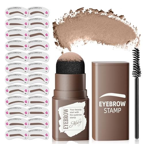 Eyebrow Stamp Stencil Kit - Long-Lasting Eyebrow Powder with Brush, Waterproof & Smudge-Proof Brow Shaping Kit with 24 Reusable Thin & Thick Eyebrow Stencils for Voluminous Brow (Light Brown)