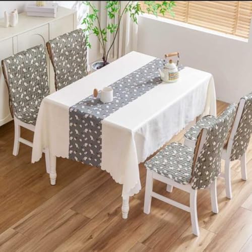 Image of HOMETHREADS Floral Cotton Chair Cover Set | Soft & Comfortable Seat Covers with Anti-Skid Non-Slip Backing + Waterproof Dining Table Cover (150x240 cm) (White Green, 8 Chair Covers + 1 Table Cover)