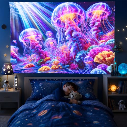 Image of BlissYard Black Light Tapestry UV Reactive Tapestry Glow Tapestry Blacklight Tapestry 78x59 Inches Neon Jellyfish Wall Hanging, Fluorescent Art Decoration with Colorful Sea Life, Oceanic Theme