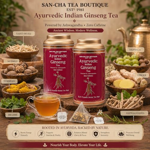 Image of Sancha Tea Boutique, Ginseng Herbal Tea with Ashwagandha (Indian Ginseng), 25 Pyramid Bags x Pack of 2, Caffeine Free Ayurvedic Herbal Tisane, Biodegradable Corn-Fibre Bags