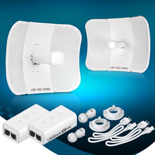 Wireless Bridge LBE-5AC-GEN2 PRE-CONFIGURED Bundle of 2 Ubiquiti LiteBeam 5AC GEN2, 2 Units Kit 100% Configured as Outdoor Point-to-Point Wi-Fi Bridge, Access Point, 450+ Mbps Speed, 15+ km Range,.